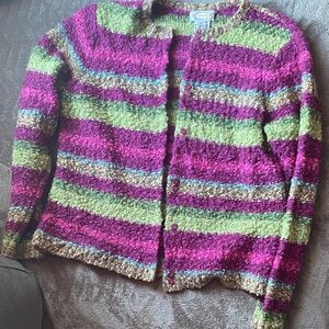 Textured Knit Cardigan Pink Green Cozy Chunky Grandma Core Colorful Sweater